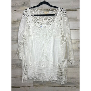 Adiva Women’s 1X White Crochet lace Boho Blouse Lightweight Summer Top New